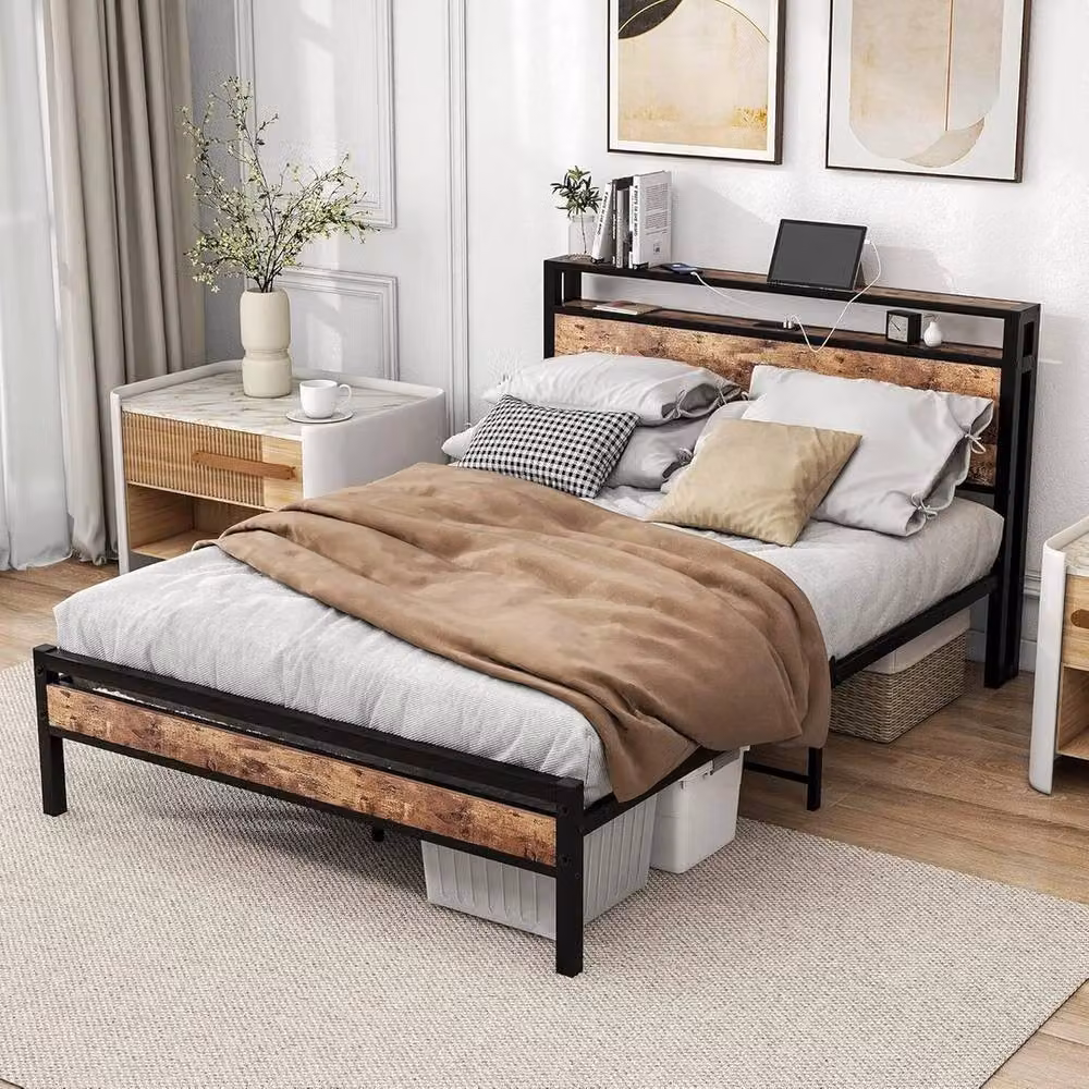 Kelvenix Industrial Metal Platform Bed Frame in Brown and Black with USB Charging Port and Bedside Shelf – 3