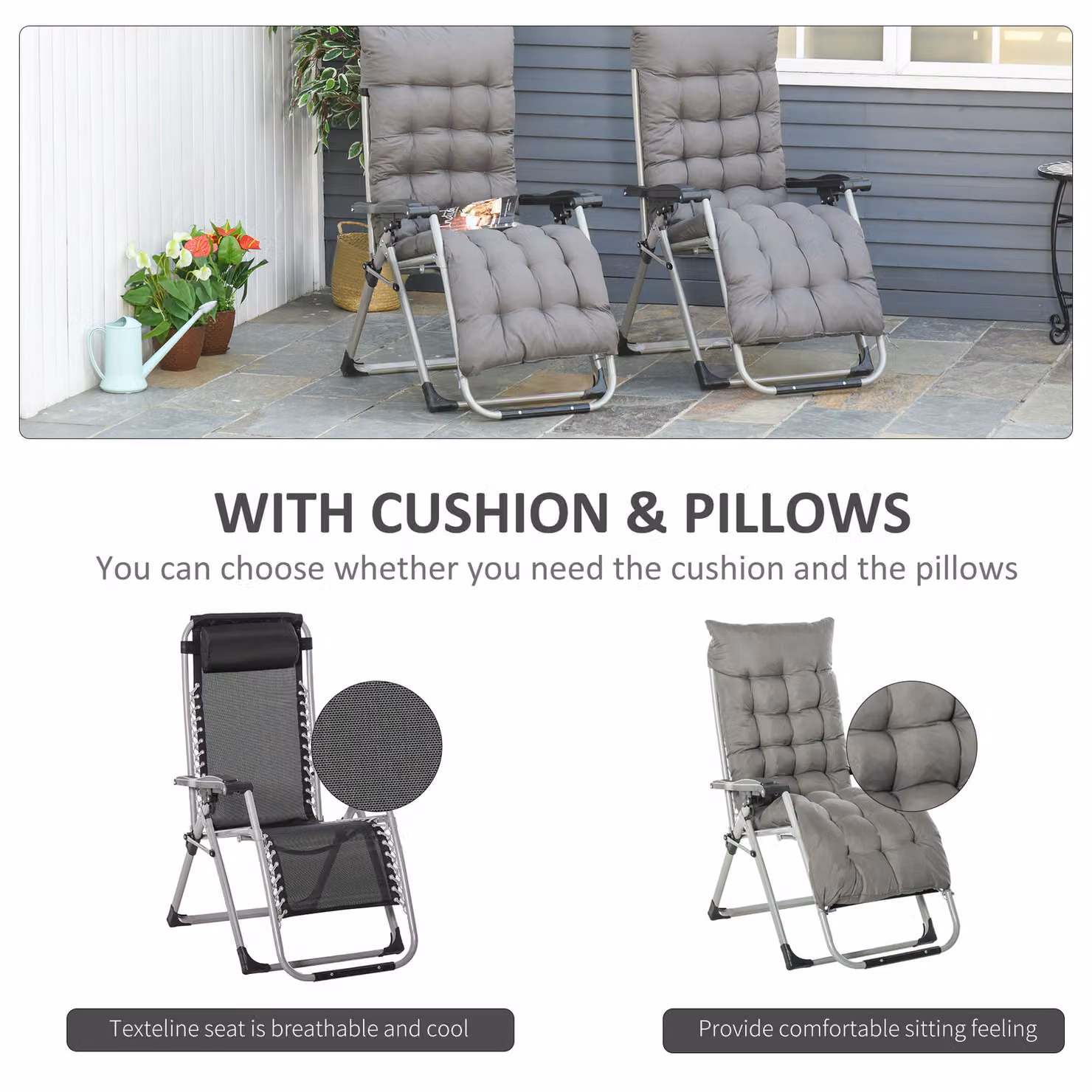 Outsunny 2 Piece Dark Grey Anti Gravity Garden Sun Loungers with Adjustable Headrests – 4