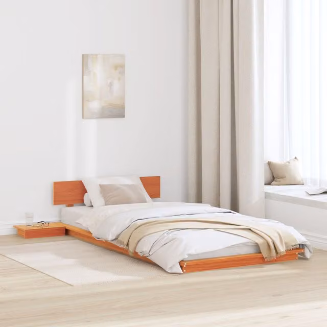 Berkfield Home Wax Brown Solid Wood Floor Bed Frame with Bedside Tables, W/D/H: 200 x 80 x 41.5 cm