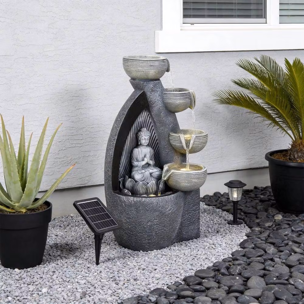 NESTLUNE Sitting Buddha Grey Stone Effect Zen Cascade Water Feature W/D/H: 100 x 15 x 15 cm – 6