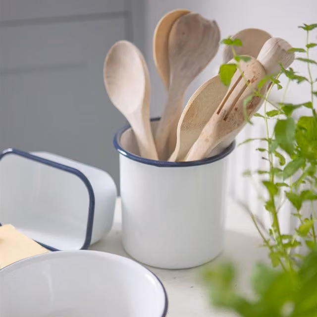 Argon Tableware White and Blue Enamel Metal Utensil Holder, Height: 15.5 cm