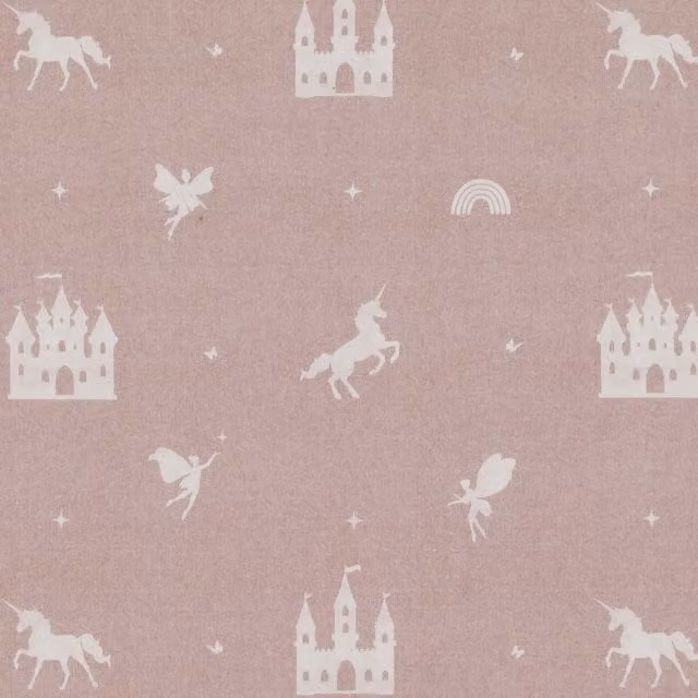 ANTE DECOR Pink Cotton Fabric with Castles and Unicorns Print