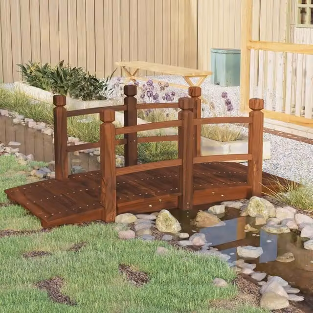 Berkfield Home Garden Bridge with Railings in Brown Solid Spruce Wood W/D/H: 150 x 67 x 56 cm – 1