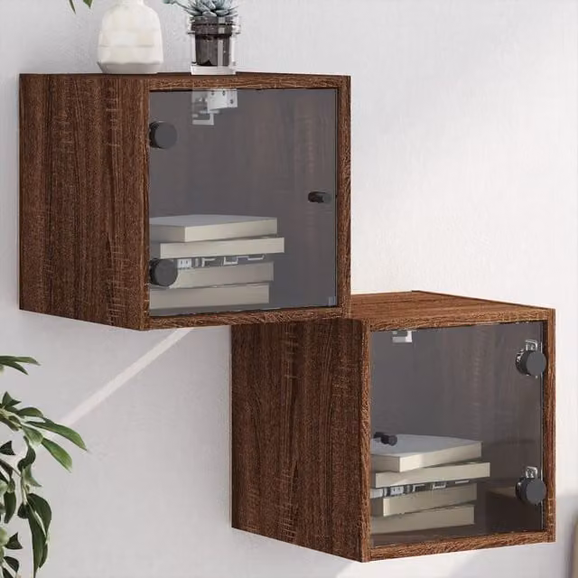 Berkfield Home Set of 2 Modern Brown Oak Bedside Cabinets with Glass Doors, W/D/H: 35 x 37 x 35 cm – 1