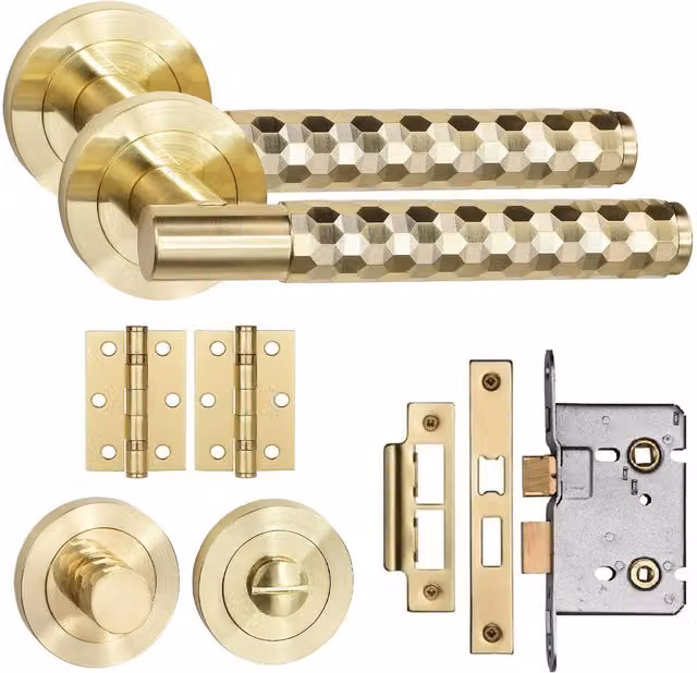 Golden Grace Knurled Hex Cut T-Bar Bathroom Door Handle Set with Matching Key Hole Escutcheon in Brass