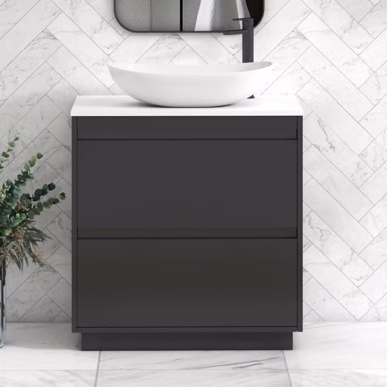 Royal Bathrooms Orion 800mm Matt Obsidian Black Floor Standing 2 Drawer Vanity Unit with Plain White Countertop, Cesar Basin and Black Accent Trim