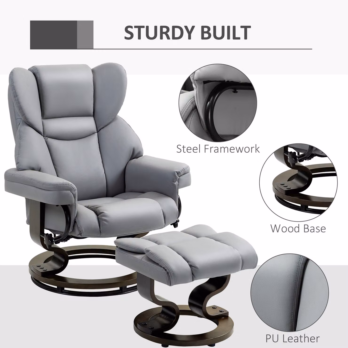 HOMCOM Faux Leather Swivel Recliner Chair and Footstool with Adjustable Backrest in Light Grey – 4