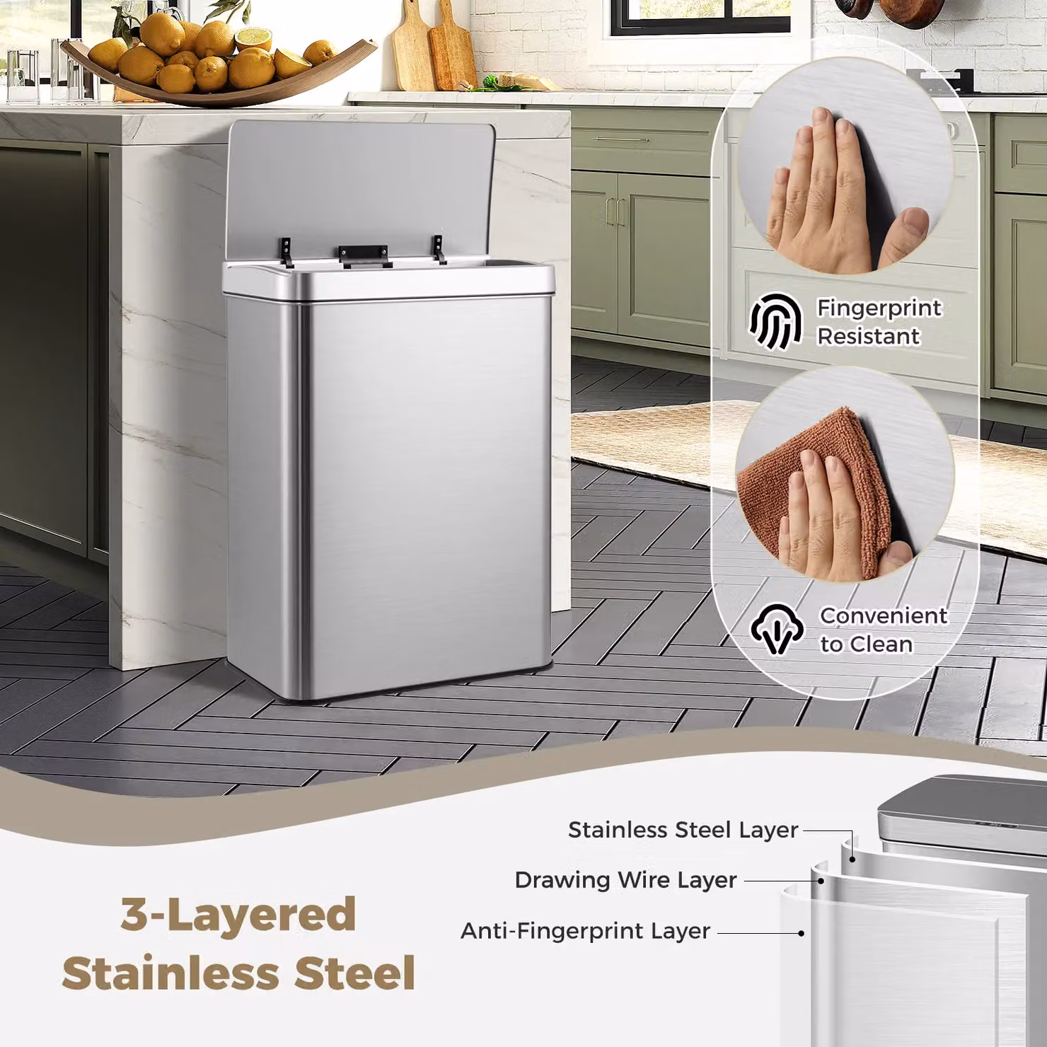 Gymax 53L Automatic Motion Sensor Trash Can with Soft Close Lid in Metallic Silver – 4