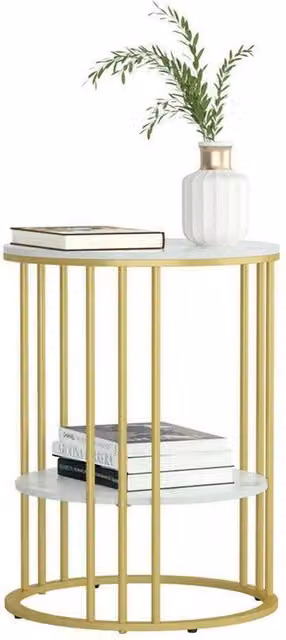 Nordara 2 Tier Round Side Table with White Marble Effect Sintered Stone Top and Gold Frame