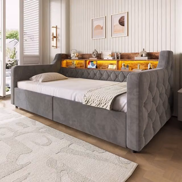 Aosom UK Modern Velvet Single Storage Bed with LED Headboard, USB Charging Port and 2 Drawers, Dark Grey, W/D/H: 107 x 200 x 80 cm