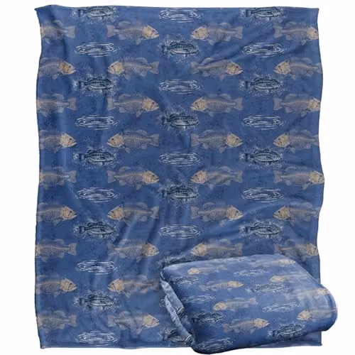 JQ Licensing Bass To The Bone Fishing Pattern Super Soft Silky Touch Throw Blanket in White and Blue, W/D/H: 152 x 127 cm