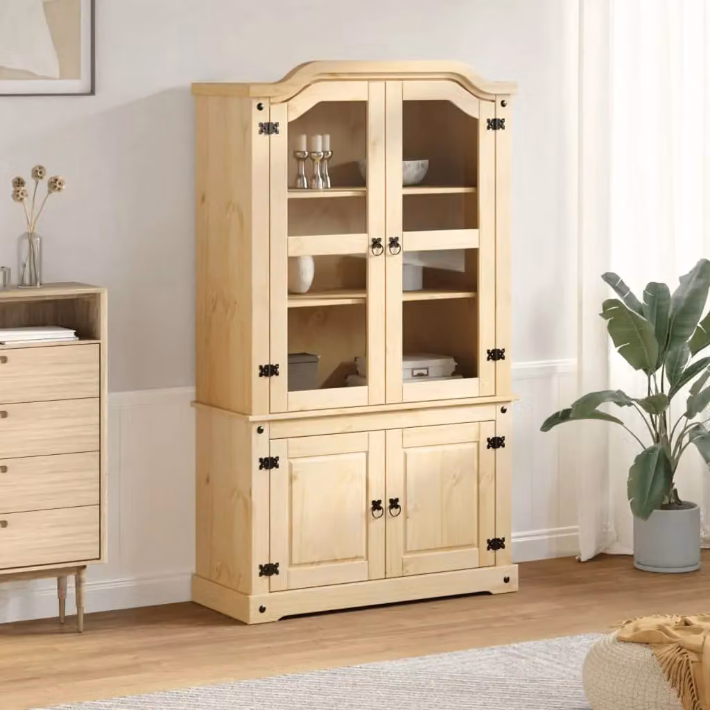Berkfield Home Corona Glass Display Cabinet in Brown Solid Pine Wood, W/D/H: 103.5 x 42 x 180 cm – 3