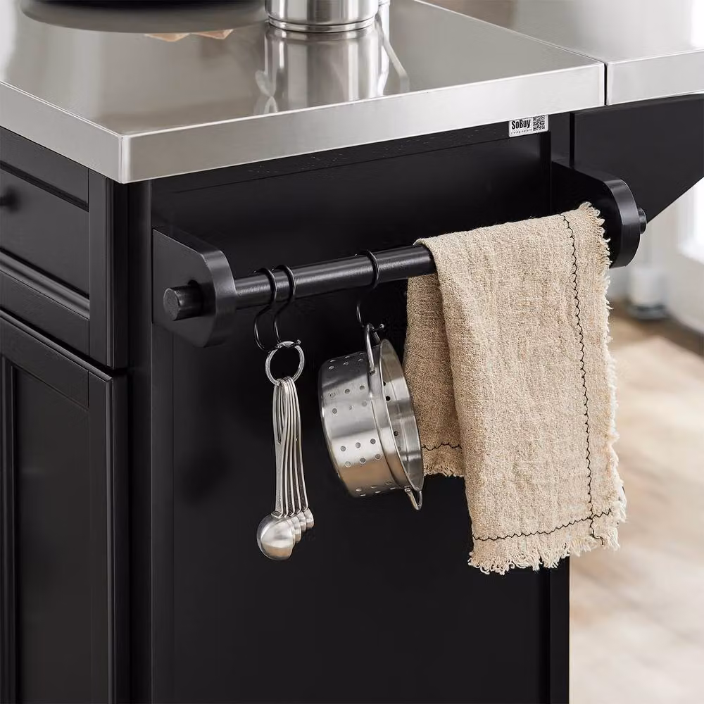 SoBuy Mobile Drop-Leaf Kitchen Island Breakfast Bar with 2 Drawers in Black – 7