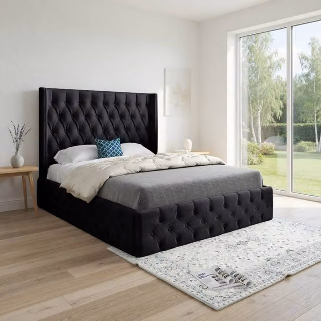 KDMD Vange Winged Upholstered Designer Bed Frame in Black Soft Velvet, Size: Single (W/D/H: 90 x 190 x 137 cm)