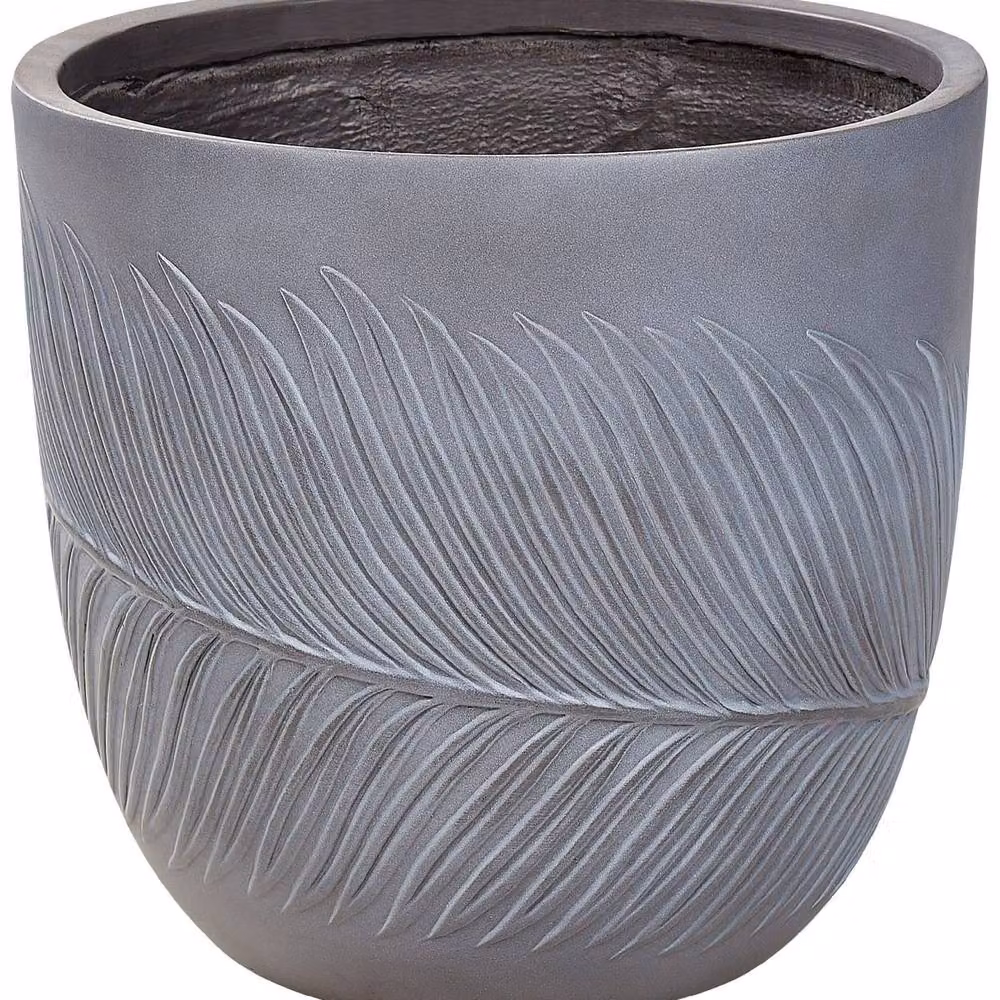 Wyld and Coco Grey Fibre Clay Round Planter Tub with Leaf Motif, Diameter: 42 cm – 2