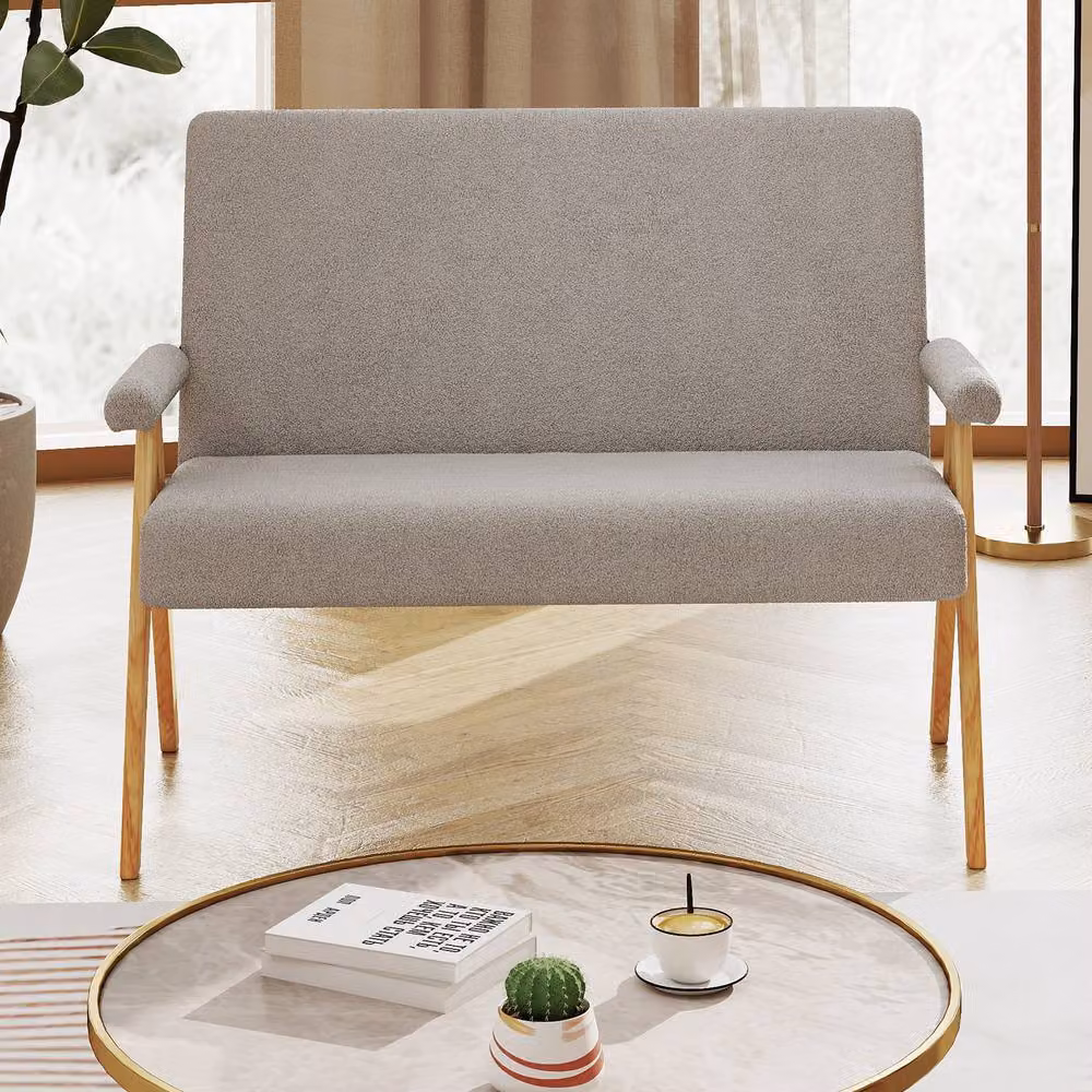 Gymax Grey Upholstered Sherpa Love Seat Sofa with Solid Rubberwood Frame and Armrests – 2