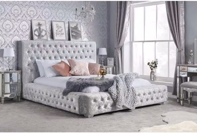 Birlea Grande Upholstered Velvet Bed Frame with Lift Up Base in Grey, W/D/H: 180 x 200 cm