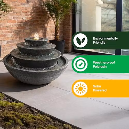 Gardenwize Solar Tiered Stacked Bowl Cascade Water Feature in Dark Grey with Warm White LED Lights and Battery Backup, H 54.0 cm x W 32.5 cm x D 54.0 cm – 7