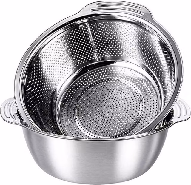 FLAVORA Stainless Steel Round Colander and Bowl Set with Handles in Silver