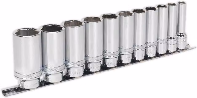 Loops 11 Pack 3/8 Inch Imperial Square Drive 6 Point Deep Socket Set with Lock-On Rounded Heads in Chrome Vanadium Steel