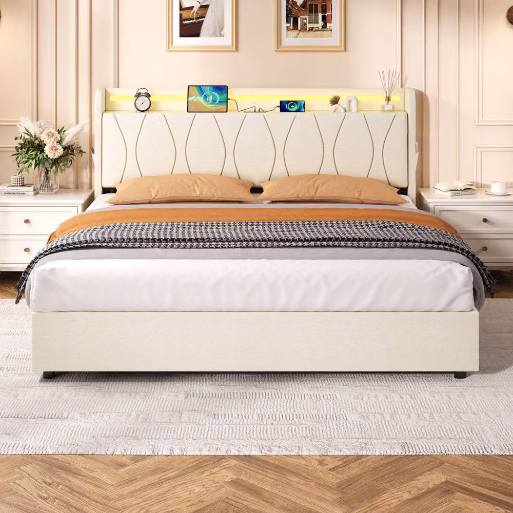 ModernLuxe Upholstered King Ottoman Bed with LED Storage Headboard and USB Charging Port in Beige, H 105 cm x W 150 cm x D 200 cm – 2