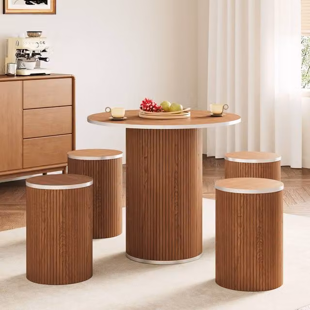 Dprodo Modern Round Dining Table and 4 Chairs Set in Brown Walnut Finish, Diameter: 80 cm