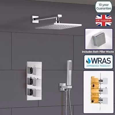 Nes Home Chrome 3 Way Square Concealed Thermostatic Mixer Valve Hand Held Bath Shower Kit in Silver