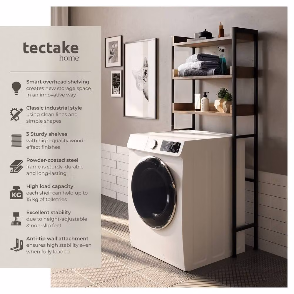 tectake Seattle 3-Tier Industrial Bathroom Shelf in Brown with Adjustable Metal Shelves – 2