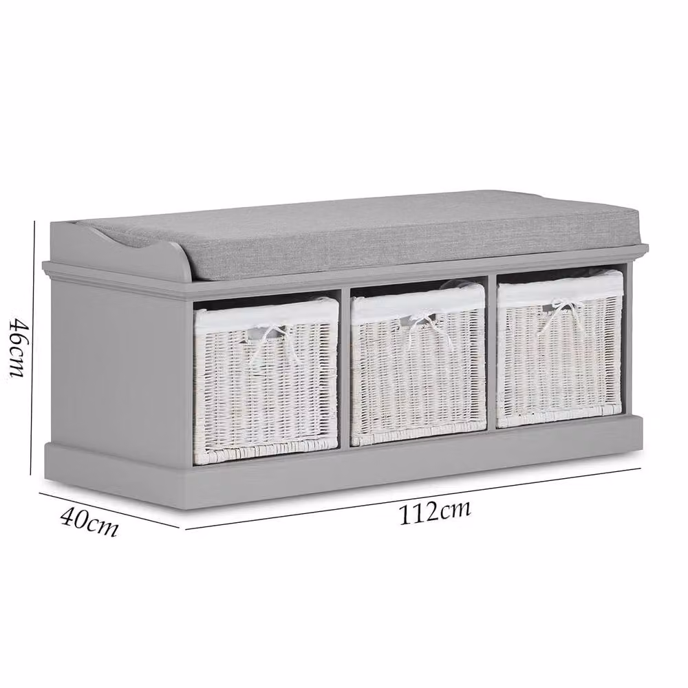 Statement Furniture Tetbury Grey Storage Bench with 3 White Wicker Baskets and Grey Fabric Cushion – 2