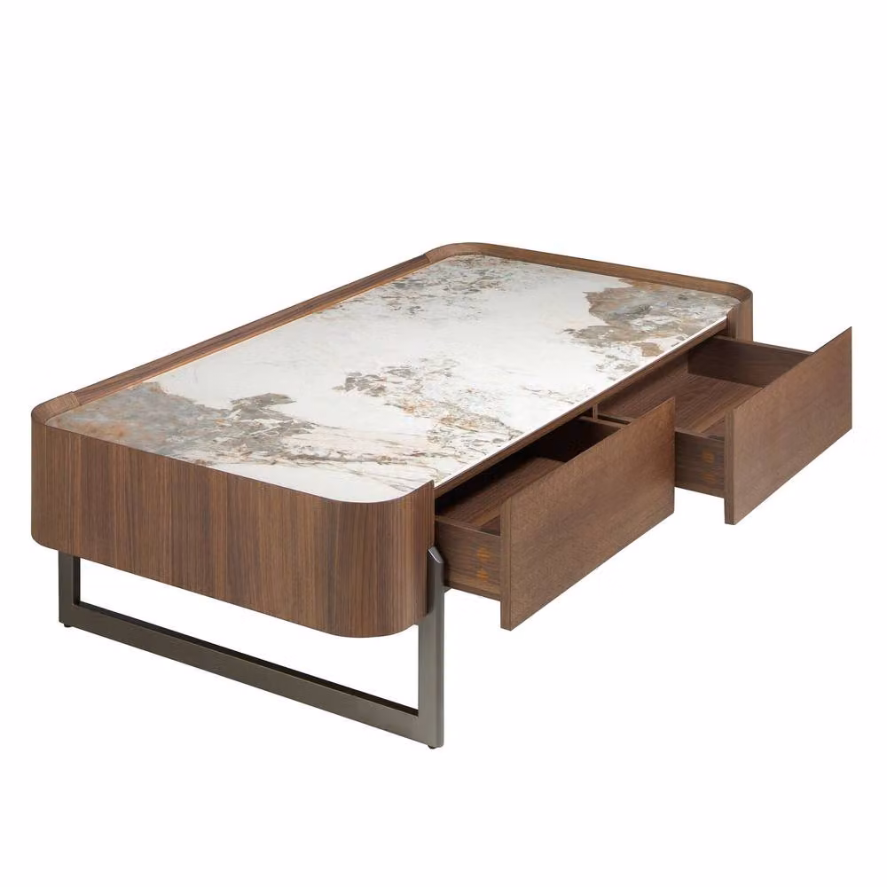 Angel Cerda Rectangular Coffee Table with White Ceramic Marble Top and Brown Walnut Base, W: 140 cm, D: 75 cm, H: 40 cm – 5