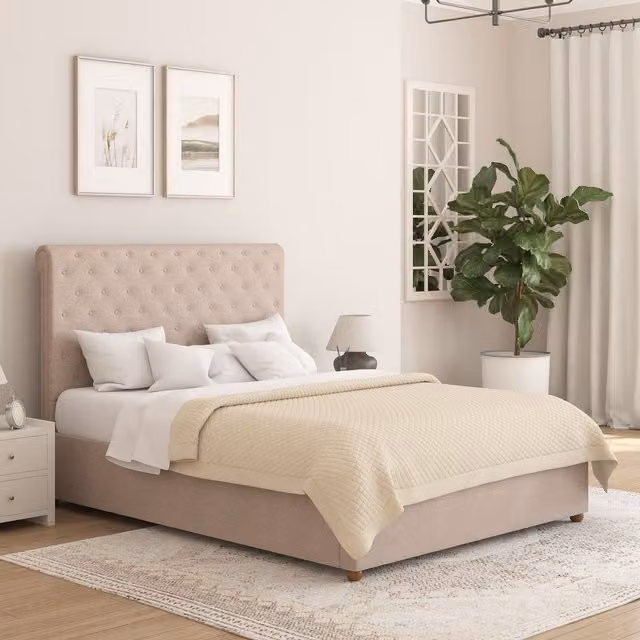 Aspire Taylor Ottoman Storage Bed Frame in Saxon Twill Fabric, Natural/Sand, King Size (W/D/H: 180 x 200 x 167 cm) – 1