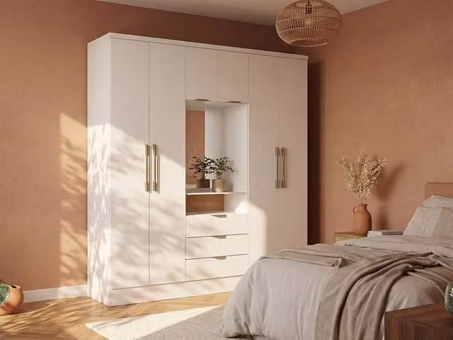 Vente-unique Modern White Wardrobe with 6 Doors, 3 Drawers and Mirror, W: 180 cm, H: 206 cm, D: 46.5 cm – 1