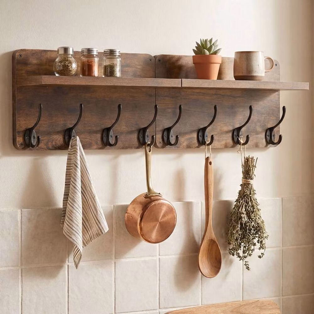 Levede 2 Piece Set of Brown Wooden Wall Mounted Coat Racks with 8 Hooks – 2