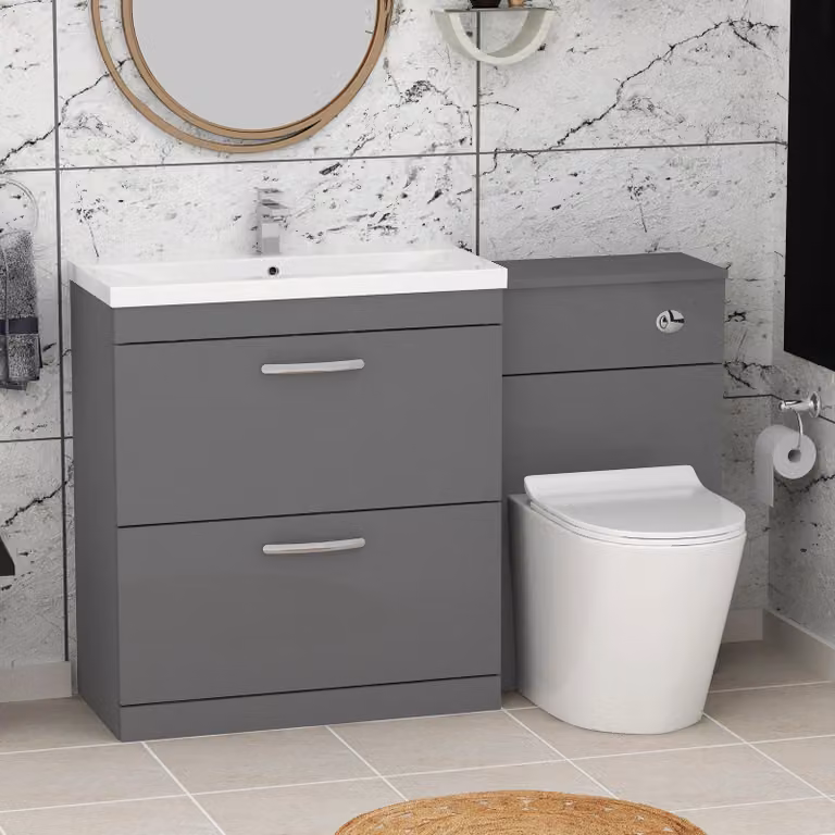 Royal Bathrooms Modern Turin 1300mm Indigo Grey Gloss 2-Drawer Mid-Edge Basin and Cesar Back to Wall Toilet Pack