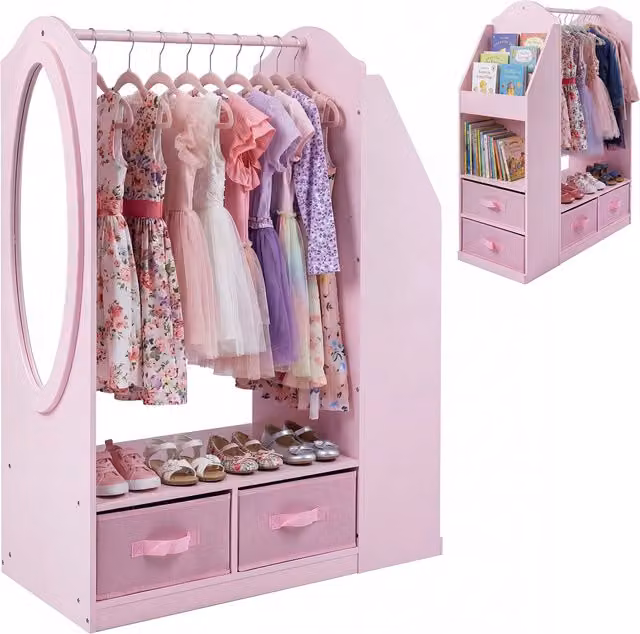 Costway Pink Kids Wardrobe with Mirror and Hanging Rod
