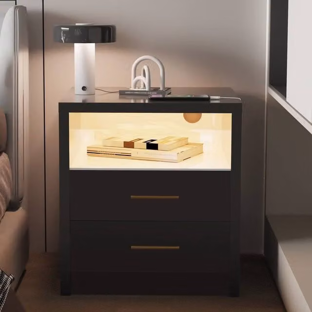 EONLION Black Modern LED Nightstand with 2 Drawers and Integrated Lighting