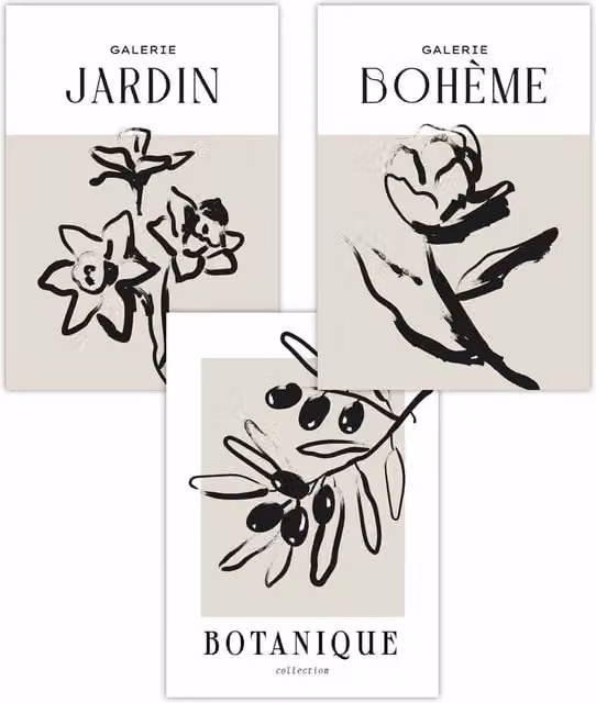 ARTZE Set of 3 Minimalist Sketch Leaves and Flowers Botanical Art Posters in Beige and Black, W: 42 cm, H: 59 cm