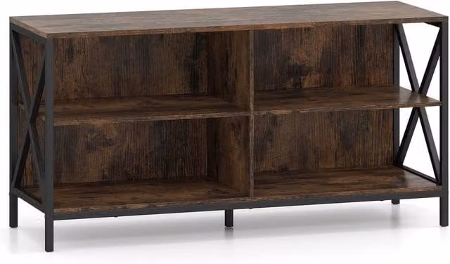 Gymax Industrial TV Stand and Entertainment Centre with 4 Open Storage Shelves in Brown and Metal – 1