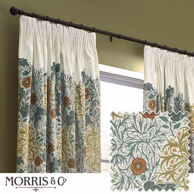Morris & Co. Seaweed Floral Art Nouveau Velvet Pencil Pleat Curtains in Stone and Sunflower, Width: 228 cm, Drop: 183 cm – 1