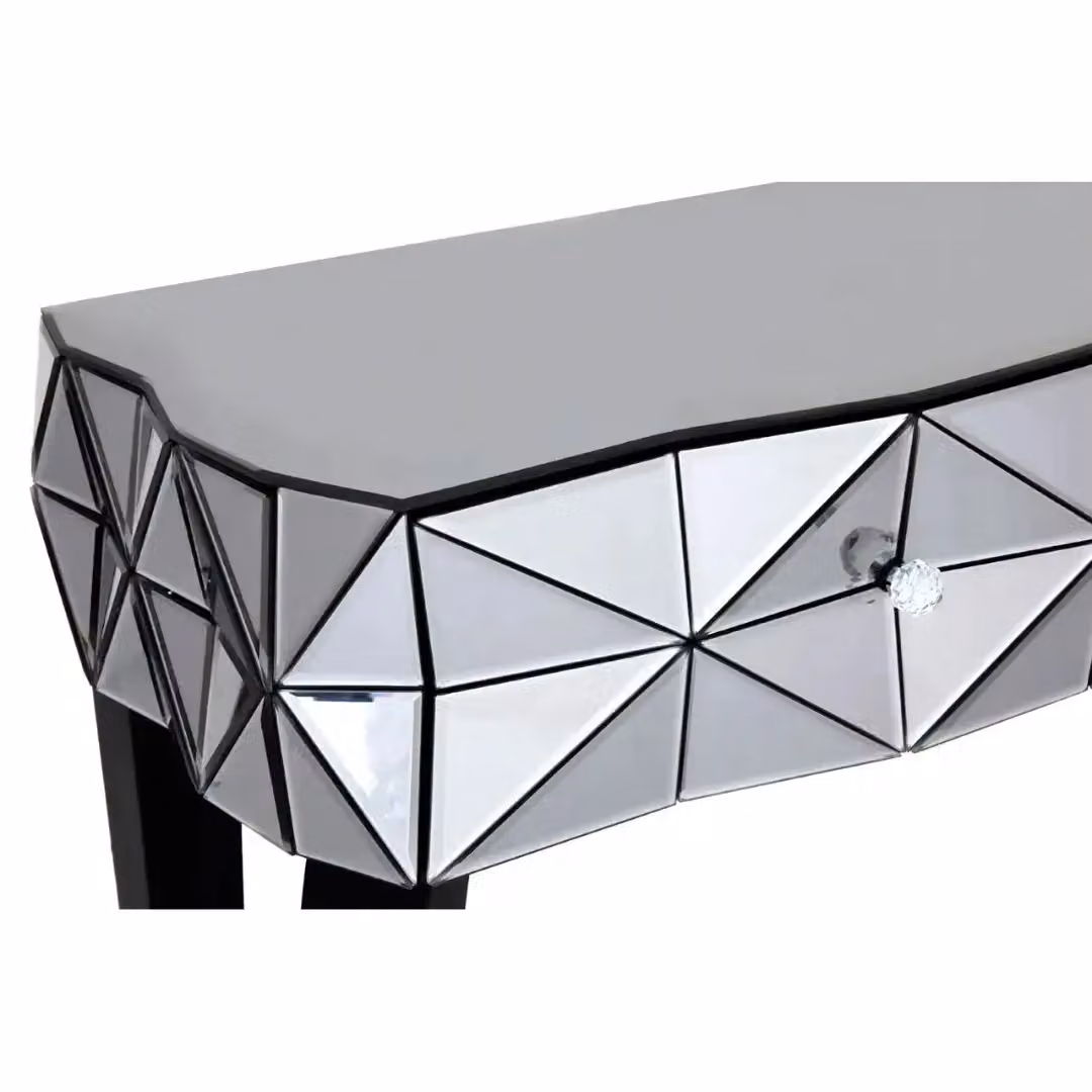 Orsina Luxe Smoke Glass Console Table in Silver with Curved Wooden Legs, W/D/H: 112 x 37 x 78 cm – 4