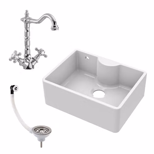 Balterley White Ceramic Butler Sink Single Bowl with Mono French Classic Crosshead Mixer Tap and Waste in White and Chrome