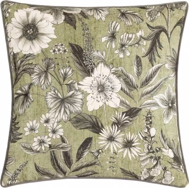 Harlington Botany Floral Piped Velvet Cushion in Moss Green with Polyester and Feather Filling