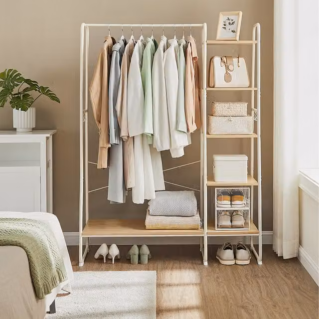 VASAGLE White Clothes Rack with 5 Shelves and 6 Hooks, H 160 x W 45 x D 45 cm