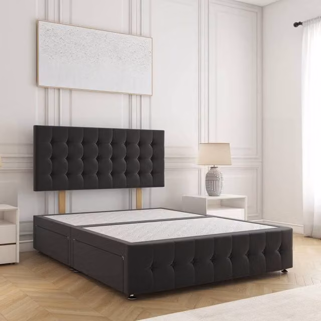 BSSPOKE Eva King Size Divan Bed with 24 inch Headboard and 2 Drawers in Black Plush Velvet