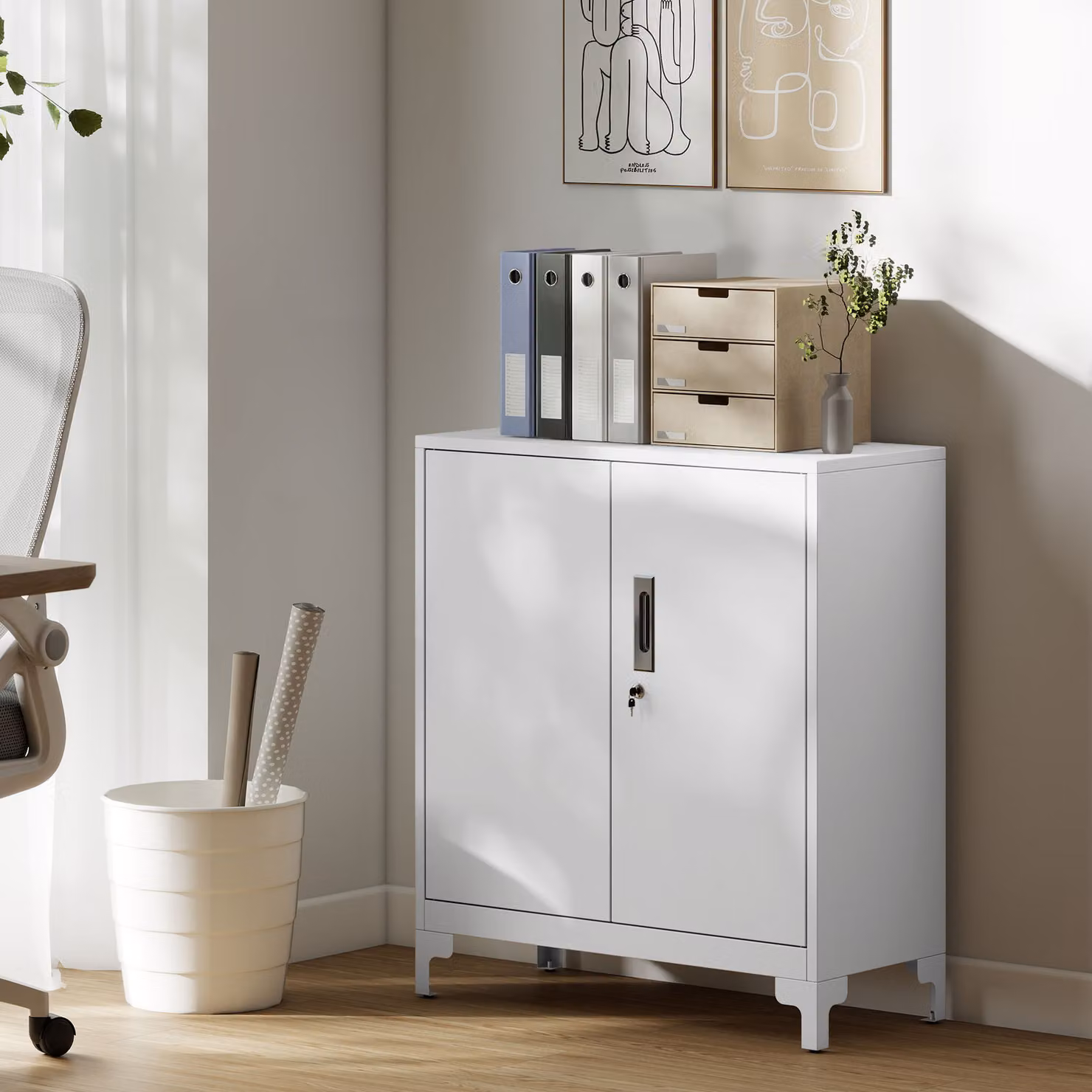 HOMCOM Lockable 2-Tier Metal Filing Cabinet with Hinged Double Doors, White Modern Office Organiser – 2