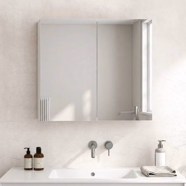 STILVORA White Wall Mounted Bathroom Mirror Cabinet with Hinged Doors and Internal Shelves