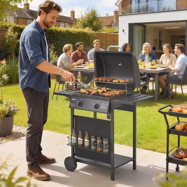 Outsunny Gas Burner Barbecue Grill with Warming Rack and Cart, Black