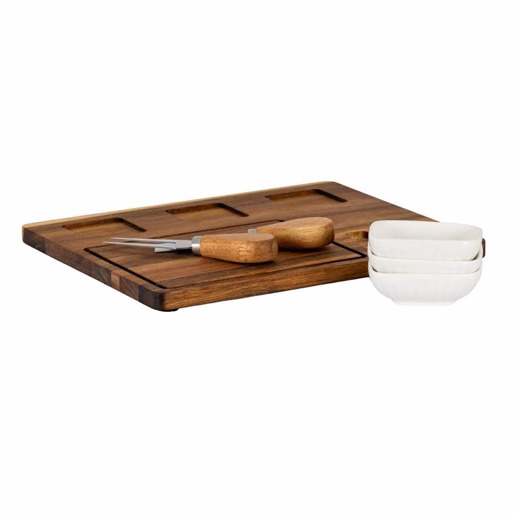 Lemon Pavilion Acacia Wood Cheese Board Set with White Ceramic Bowls and Cutlery, Brown – 2
