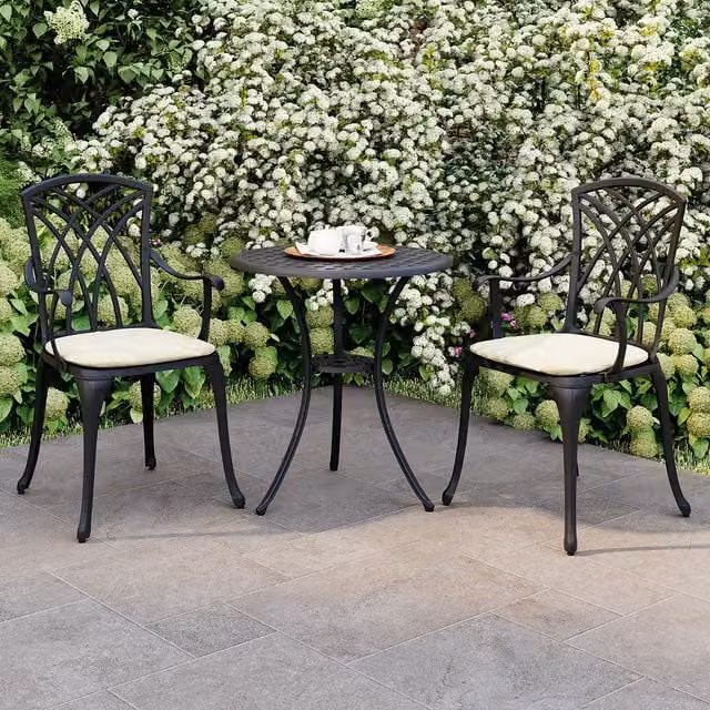 Charles Bentley 3 Piece Cast Aluminium Bistro Set with Table and 2 Arm Chairs in Brown – 1
