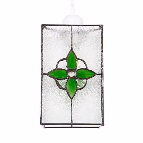 Happy Homewares Rectangular Tiffany Style Glass Pendant Light Shade in Transparent and Green, Height: 21 cm – 1